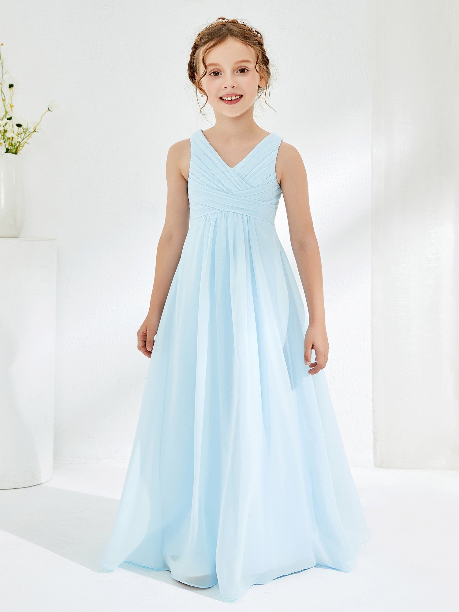 Cute V-neck Junior Bridesmaid Dresses with Pleated Sky Blue